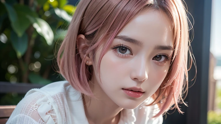 (bob cut hair, pink hair:1.2),(wearing a blouse:1.2),1 girl,Japanese,21 years old,(small breasts:1.3),(highest quality,masterpiece:1.3,超A high resolution,),(Super detailed,caustics),(Photoreal:1.4,RAW shooting,)ultra-realistic capture,very detailed,High resolution 16K human skin close-up。 natural skin texture、,The pores are、、、、Must be detailed enough to be easily identified。 Skin should look even-toned and healthy。 Use natural light and color, sad expression, look at the camera, perfect dynamic composition, outdoor