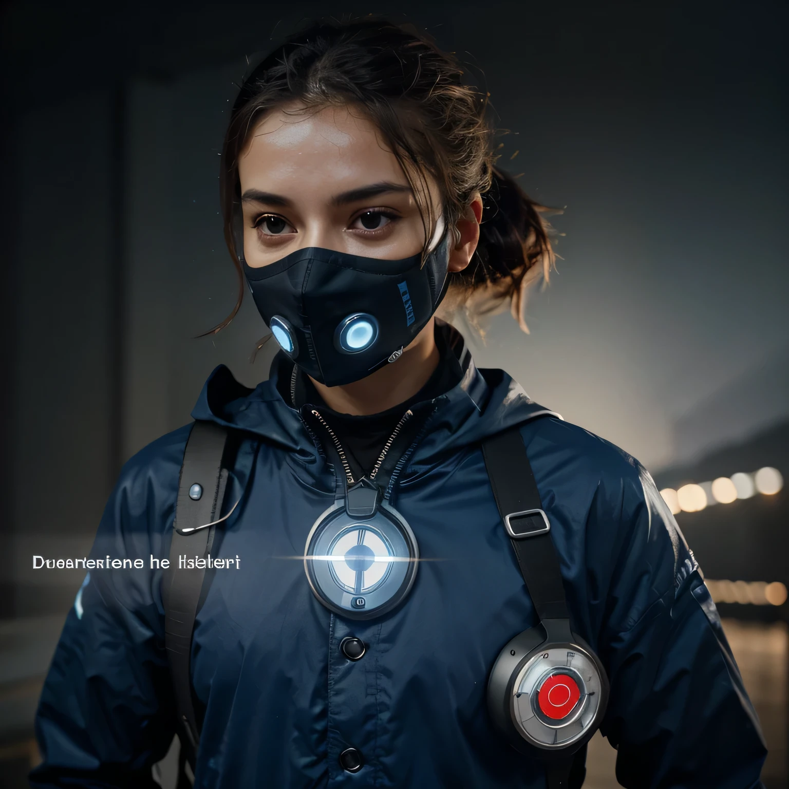 create a smart mask which includes many features like replaceable filters, sensors, blue ray  light with click of button, adjustable ear strap, waterproof, led indicators to show battery status and air quality alert. please label everything