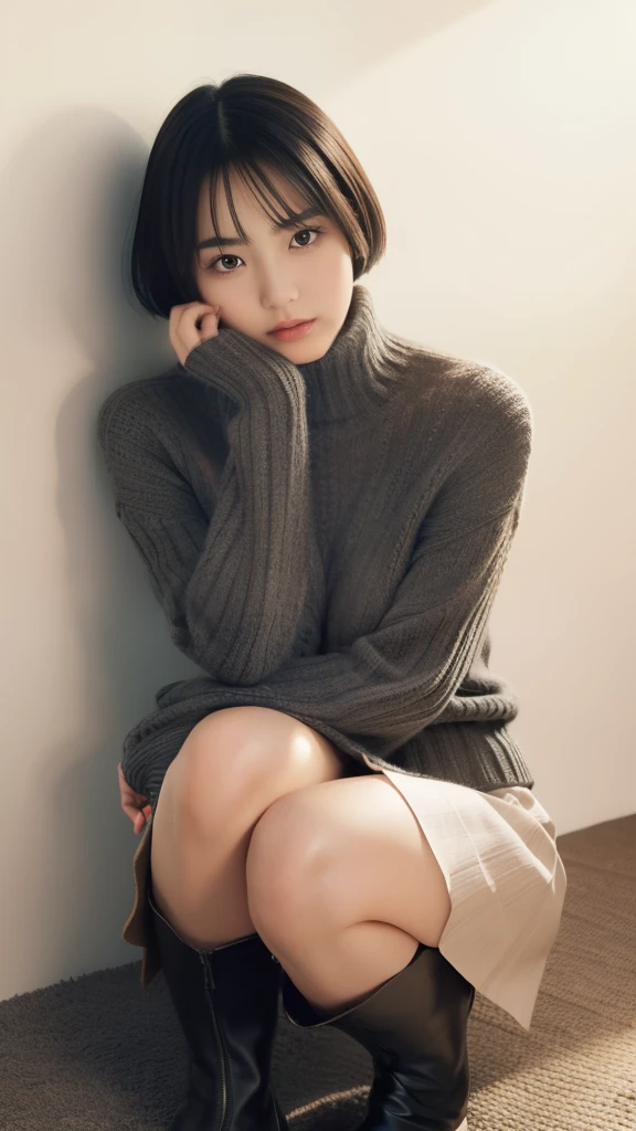 A 23-year-old Japanese woman, short black hair,  oval-shaped face, Her straight eyebrows are clearly defined, her almond-shaped eyes captivating, her nose and lips thin, Layered knitwear with a pleated skirt: Thick tights and chunky boots for warmth, her face illuminated by a soft light, fullbody shot, breast focus