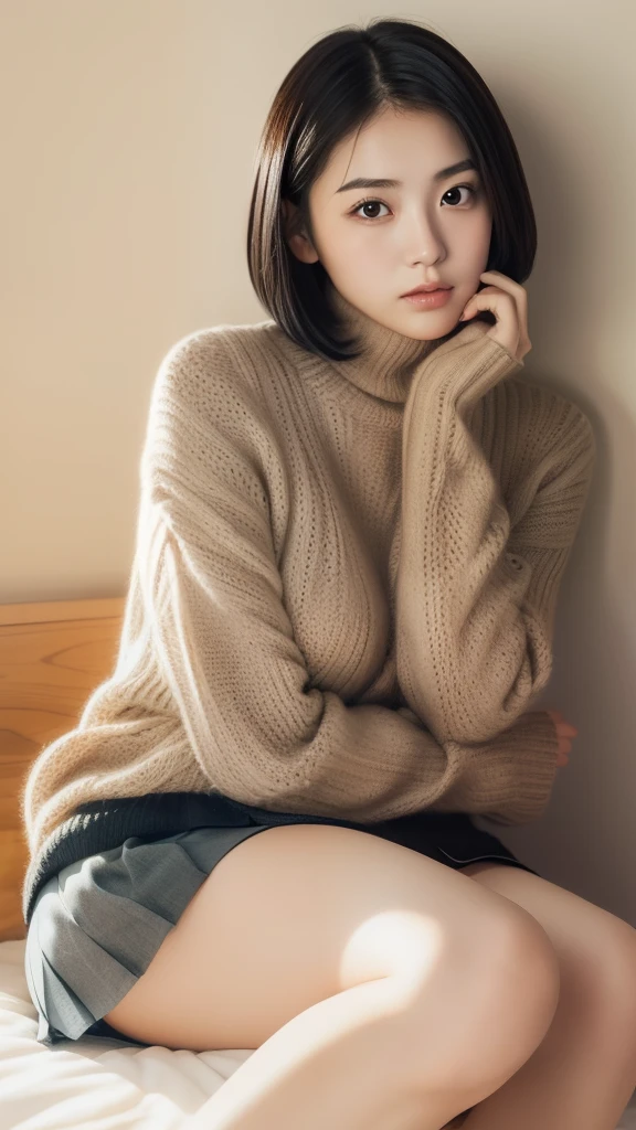A 23-year-old Japanese woman, short black hair,  oval-shaped face, Her straight eyebrows are clearly defined, her almond-shaped eyes captivating, her nose and lips thin, Layered knitwear with a pleated skirt: Thick tights and chunky boots for warmth, her face illuminated by a soft light, fullbody shot, breast focus