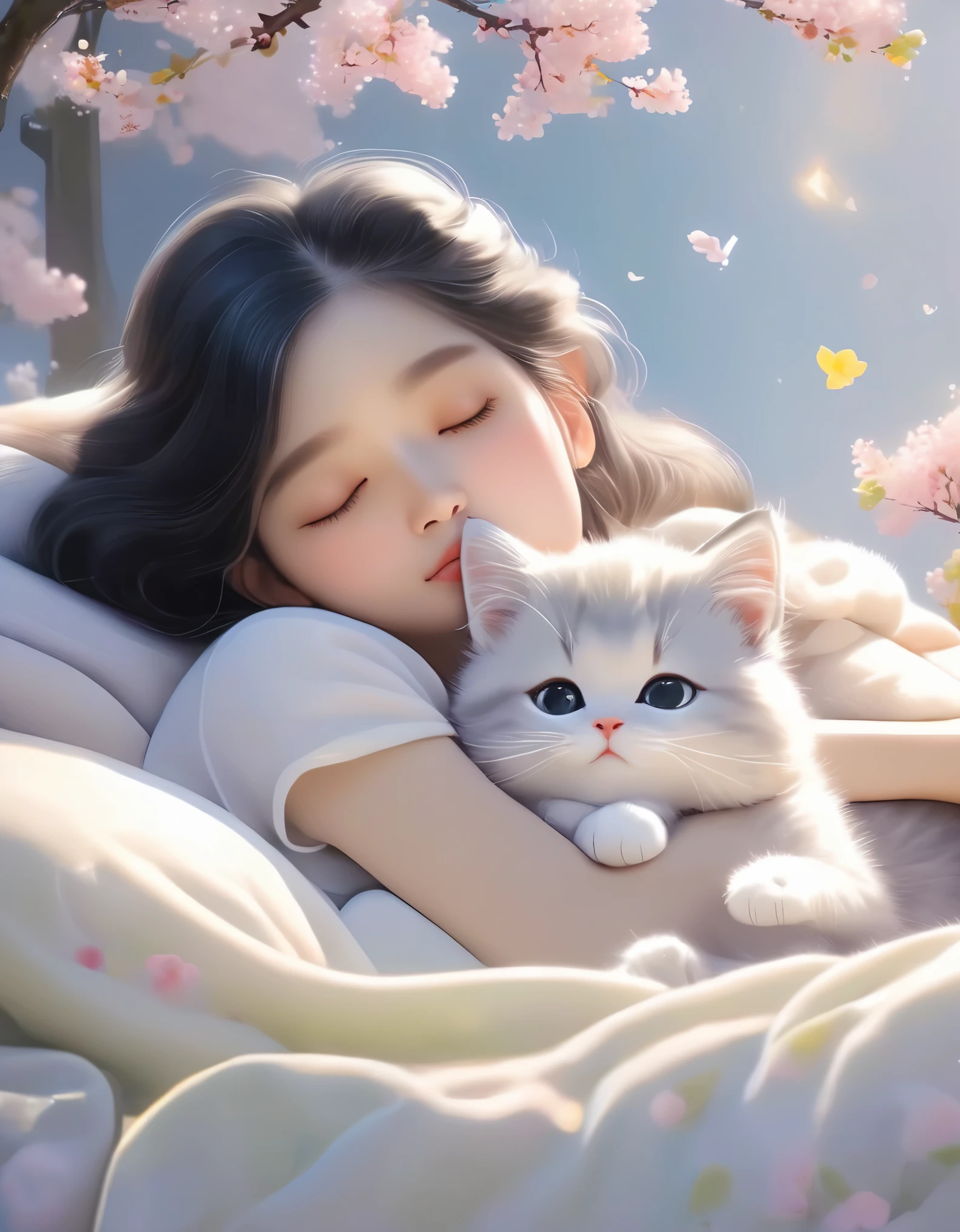 (Best Quality,4K,8K,HD,Masterpiece:1.2),Super Detailed,Realistic:1.37,Illustration,Studio Ghibli Inspired,Bed Scene,(Girl,Black Hair,Lazily Nuzzling Cat Closed Eyes Sleeping in the Morning),Laziness,Adorable,Detailed Eyes,(Highlighted Expression of Fleshy Detailed Small Lips),Reluctant,Trying to Sleep,Two Lazy Cats,The Essence of Spring Spring Flower Trees,Spring Flowers,Cherry Blossoms,Bright Colors,Warm Sunshine,Soft Lights,Cozy Atmosphere,Energetic,Youthful.