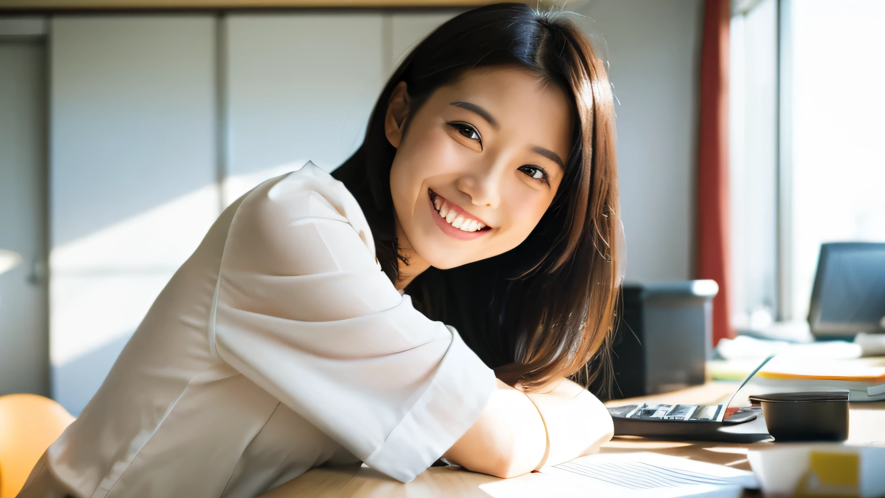 Japanese woman smiling in a bright office