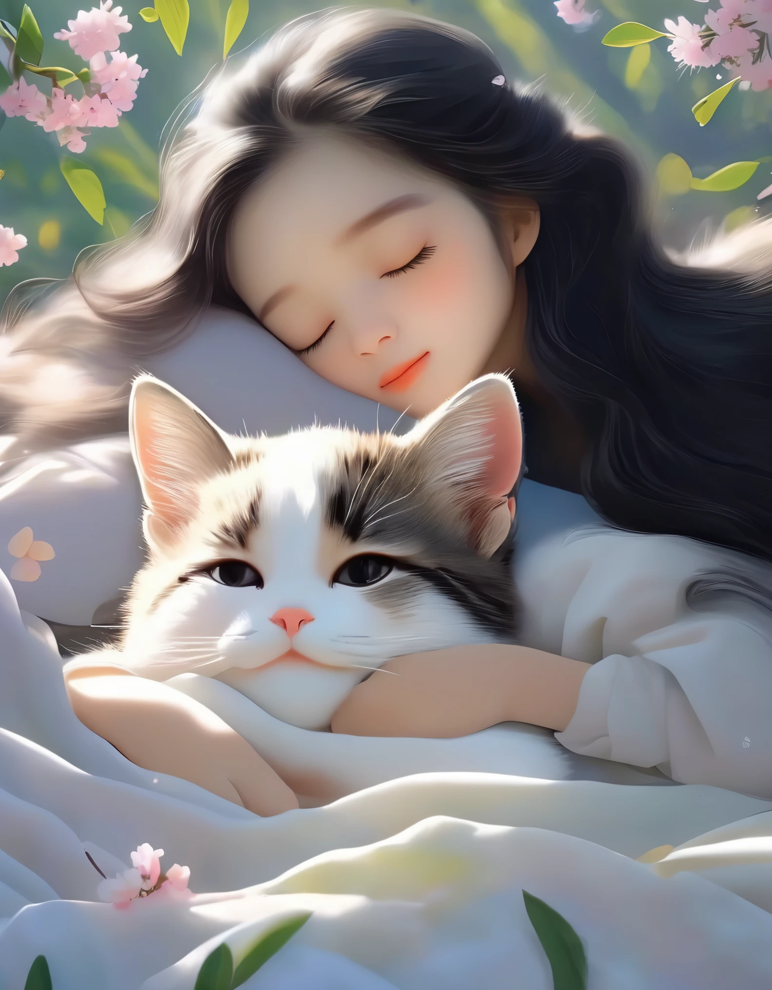 (Best Quality,4K,8K,HD,Masterpiece:1.2),Super Detailed,Realistic:1.37,Illustration,Studio Ghibli Inspired,Bed Scene,(Girl,Black Hair,Lazily Nuzzling Cat Closed Eyes Sleeping in the Morning),Laziness,Adorable,Detailed Eyes,(Highlighted Expression of Fleshy Detailed Small Lips),Reluctant,Trying to Sleep,Two Lazy Cats,The Essence of Spring Spring Flower Trees,Spring Flowers,Cherry Blossoms,Bright Colors,Warm Sunshine,Soft Lights,Cozy Atmosphere,Energetic,Youthful.