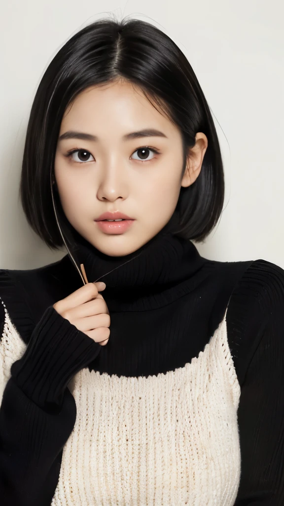 A 23-year-old Japanese woman, short black hair, oval-shaped face, Her straight eyebrows are clearly defined, her almond-shaped eyes captivating, her nose and lips thin, Layered knitwear with a pleated skirt: Thick tights and chunky boots for warmth, her face illuminated by a soft light, fullbody shot, breast focus