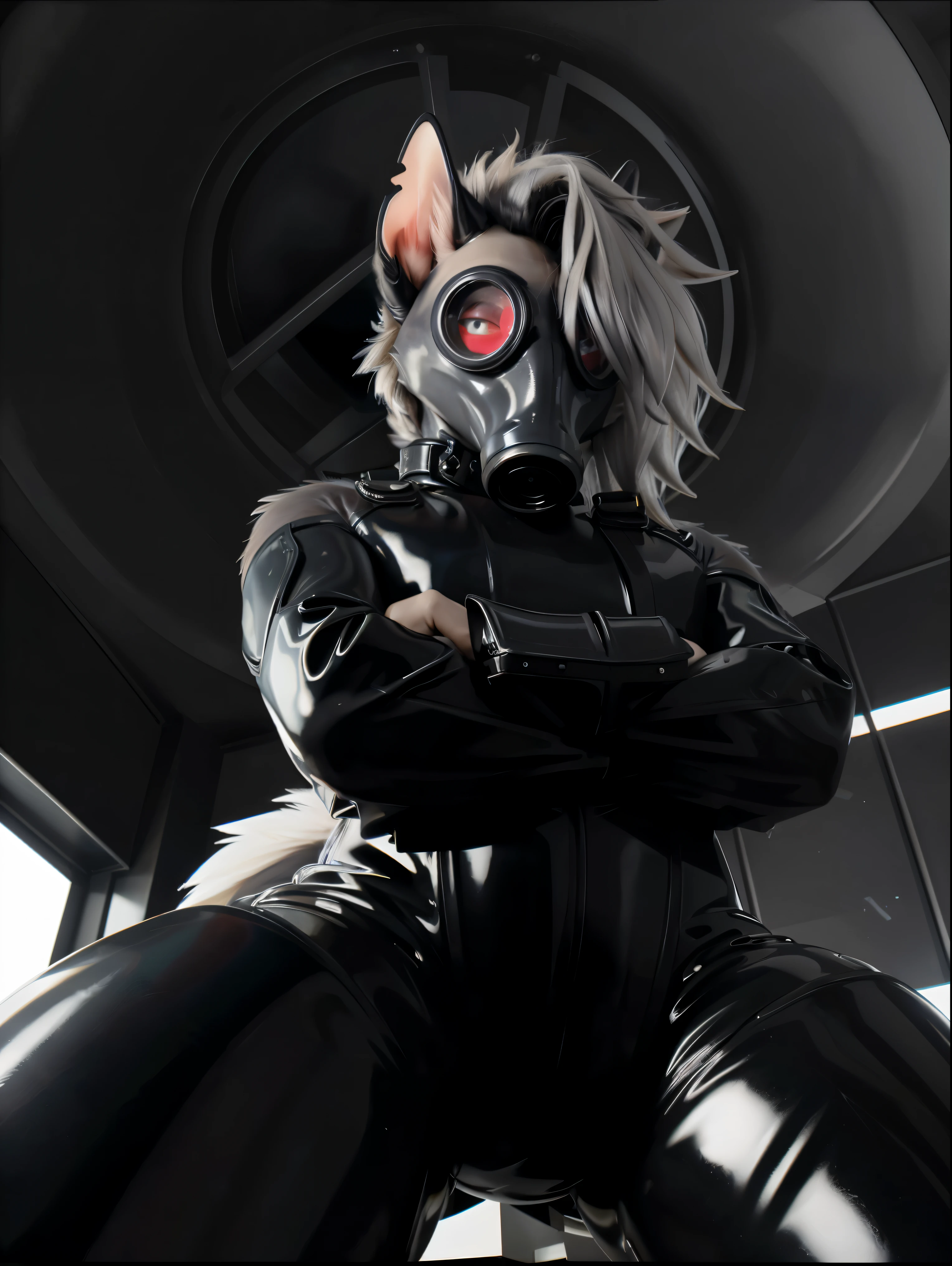 ((Masterpiece:1.2, photorealistic, HD, 4k, 8k)), ((solo)), Loona, hellhound, long white hair, glowing red eyes, ((gas mask covers face so that only hair, eyes, and ears are visible)), gp5, gas mask, detailed background padded room, NSFW, explicit, straitjacket, low angle camera, exposed horsecock, arms crossed, massive penis, ejaculating, (latex, rubber suit:1.1), (latex straitjacket:1.1), (by null-ghost, by thebigslick, by darkgem, by honovy), ((extreme close up)), ((low angle camera))