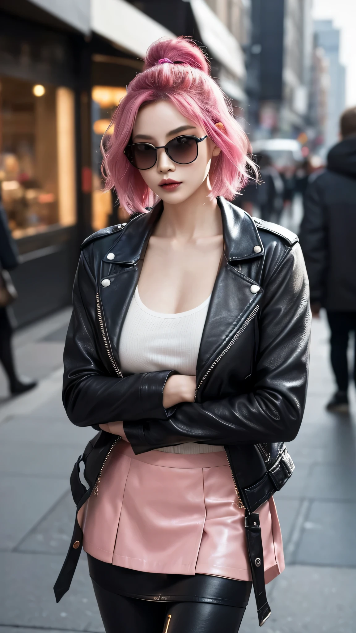 In the heart of the city, a Chinese woman makes a bold fashion statement, her hairstyle a key element of her striking look. Her hair is dyed a vibrant shade of pink, cut short to convey a sense of edgy sophistication. The ends of her hair are softly curled, adding a touch of elegance and flair to the bright color. These gentle curls, along with the subtle fading at the tips, create a stylish and contemporary look, perfectly matching her daring personality. Complementing her distinctive hair, she wears a leather jacket and skirt ensemble, embodying a chic urban style. Her sunglasses add an extra layer of glamour and mystery, enhancing her overall presence. The combination of her vivid pink hair with its playful curls and nuanced fading, set against the backdrop of the bustling city center and paired with her leather outfit, creates a scene of a modern, fashion-forward individual who confidently embraces her unique style.