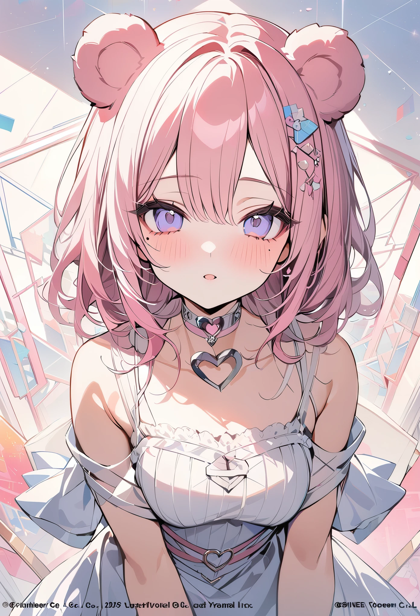 ,beautiful flower々）,mole under eye, heart shaped choker, (masterpiece, highest quality), official art, beautiful and aesthetic: 1.2), (1 girl), very detailed, (geometry art: 1.3), colorful、pink bob hair、bear ears、 whole body