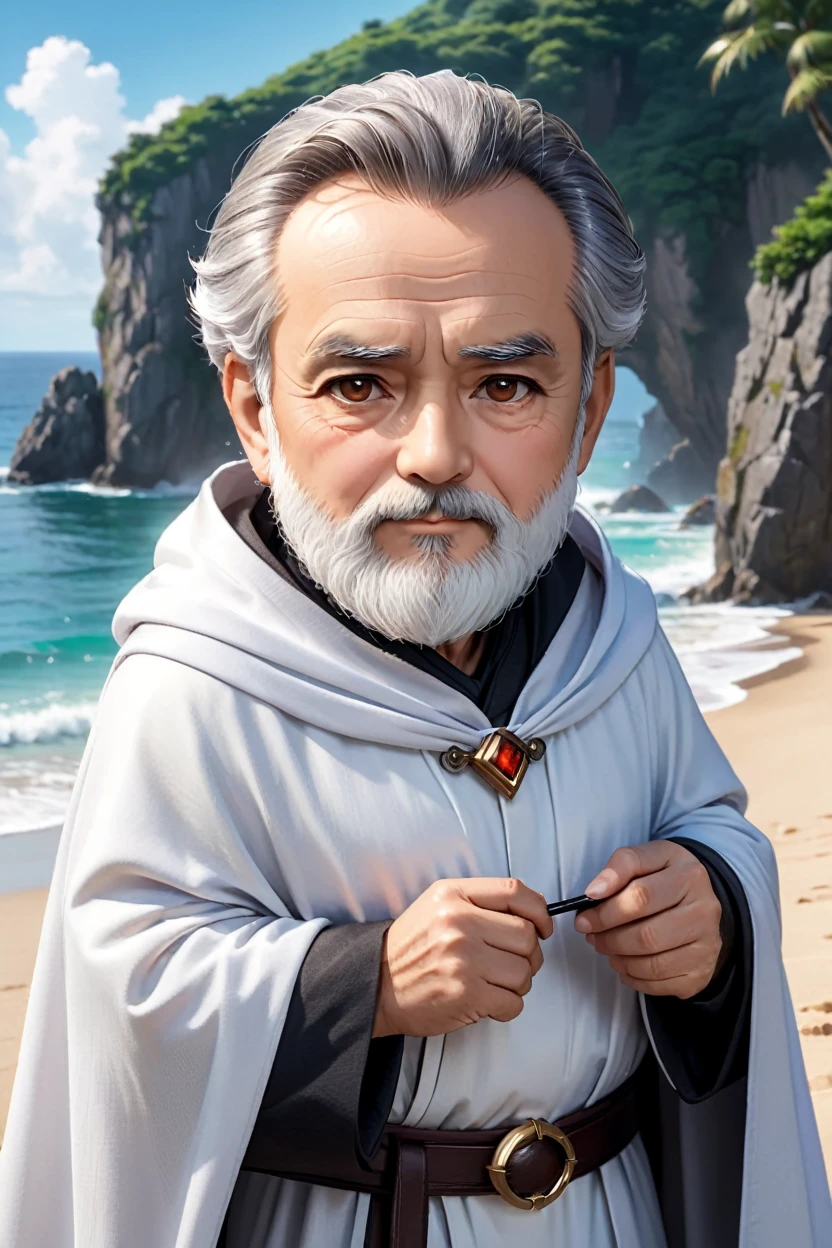 grandfather with a gray beard, old man, beard, gray hair, ((chibi))+, hair pulled back, with big brown eyes, in a white cloak, from under which you can see loose white clothes, beach, Hyperrealistic art "high-quality portrait flat matte drawing of a cute Nendoroid and cartoon style, anime flat style, thick drawing, medium close-up", (solo:1.2), photorealistic:1.5, ultra highres, 8k, texture skin, realistic skin, detailed skin, highest detailed, extreme detailed, 8k wallpaper, colorful, (dark magic), ring with the stone, (intricate details), (hyperdetailed), 8k hdr, high detailed, lot of details, high quality, soft cinematic light, atmospheric perspective (focus on), color Ink wash painting, . Extremely high-resolution details, photographic, realism pushed to extreme, fine texture, incredibly lifelike,