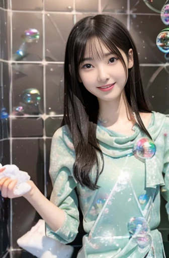 best quality, detailed, beautiful, insanely detailed, absurdres,perfect anatomy,
Japanese woman,black hair,27 years old,
(slender),
(small breasts),
(full body shot:1.1), bath room, delightful, smiling, sitting, center part, (wrapped in soap bubbles:1.4)