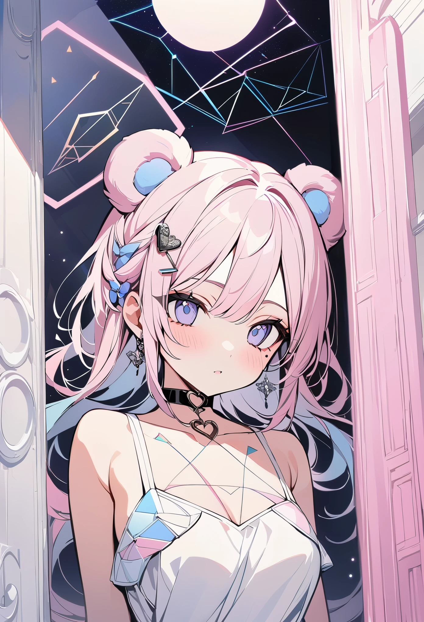 ,beautiful flower々),mole under eye, heart shaped choker, (masterpiece, highest quality), official art, beautiful and aesthetic: 1.2), (1 girl), very detailed, (geometry art: 1.3), colorful、pink bob hair、bear ears、 whole body