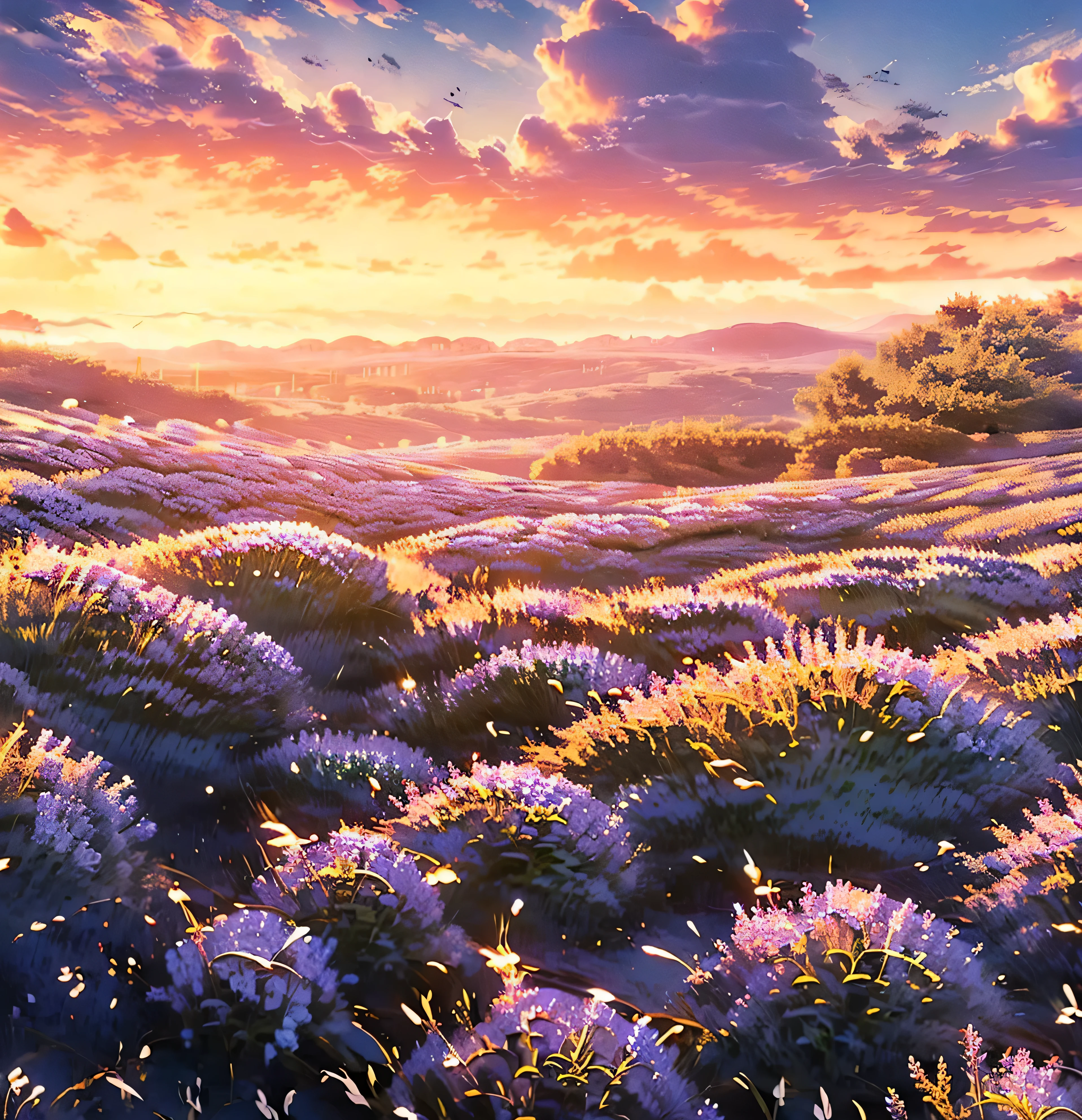 ((Masterpiece, Highest quality, Highest image quality, High accuracy, reality, Raw image, 8k)), Field of purple flowers with sunset in the background, really beautiful nature, Sunlight is purple, Lavender fields in full bloom, beautiful nature, Purple sky, Beautiful purple sky, Purple sunset, Purple and yellow sunset, Incredibly beautiful, In a lavender field in France, at Purple sunset, beautiful place, Field of fantasy flowers, Purple sun, Field of flowers,