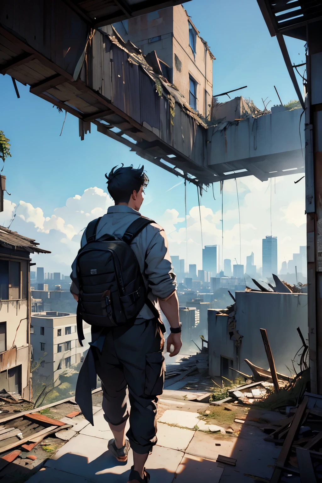 1 male、Backpack、apocalypse、dilapidated building、Crumbling buildings、overlooking the city