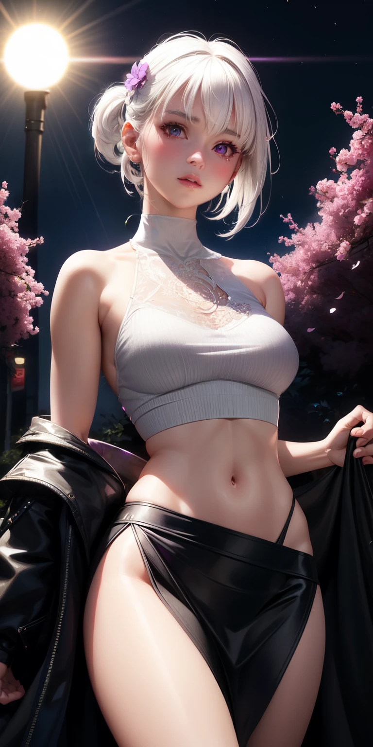 realistic, 1girl, white hair, purple eyes, glowing eyes, crop top, skirt, parted lips, blush, night, flowers, sun, sunlight,nude