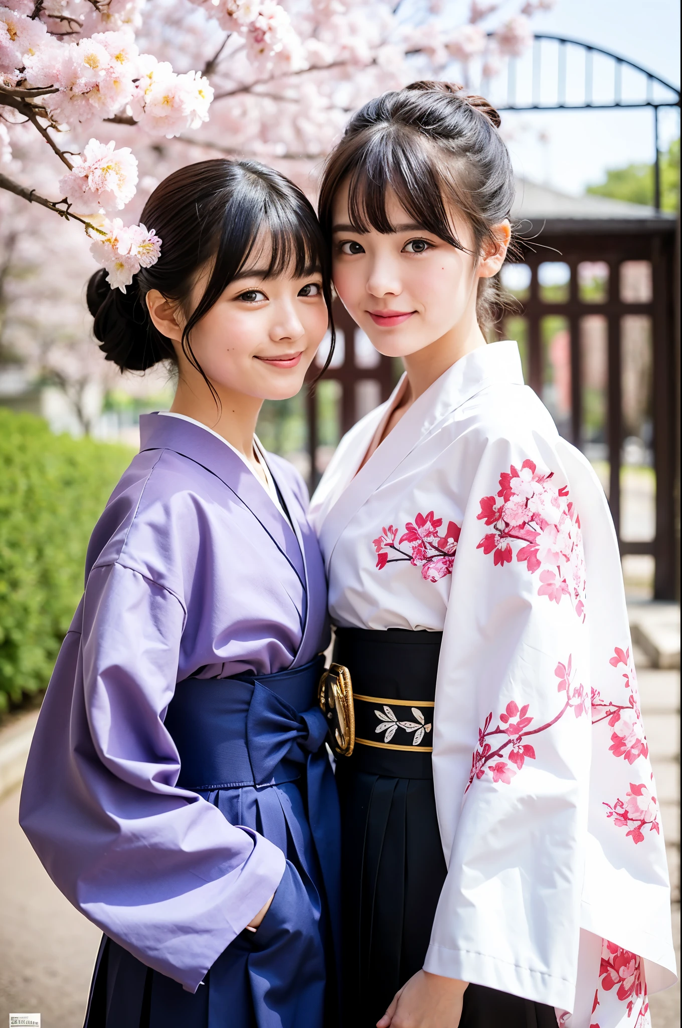 2 girls under cherry blossoms in front of old-Japanese school gate,long-sleeved white floral kimono pattern hakama-top,kimono obi,purple long hakama-bottom,18-year-old,bangs,a little smile,thighs,knees,ponytail with barrette with flower brooch,from below,front light