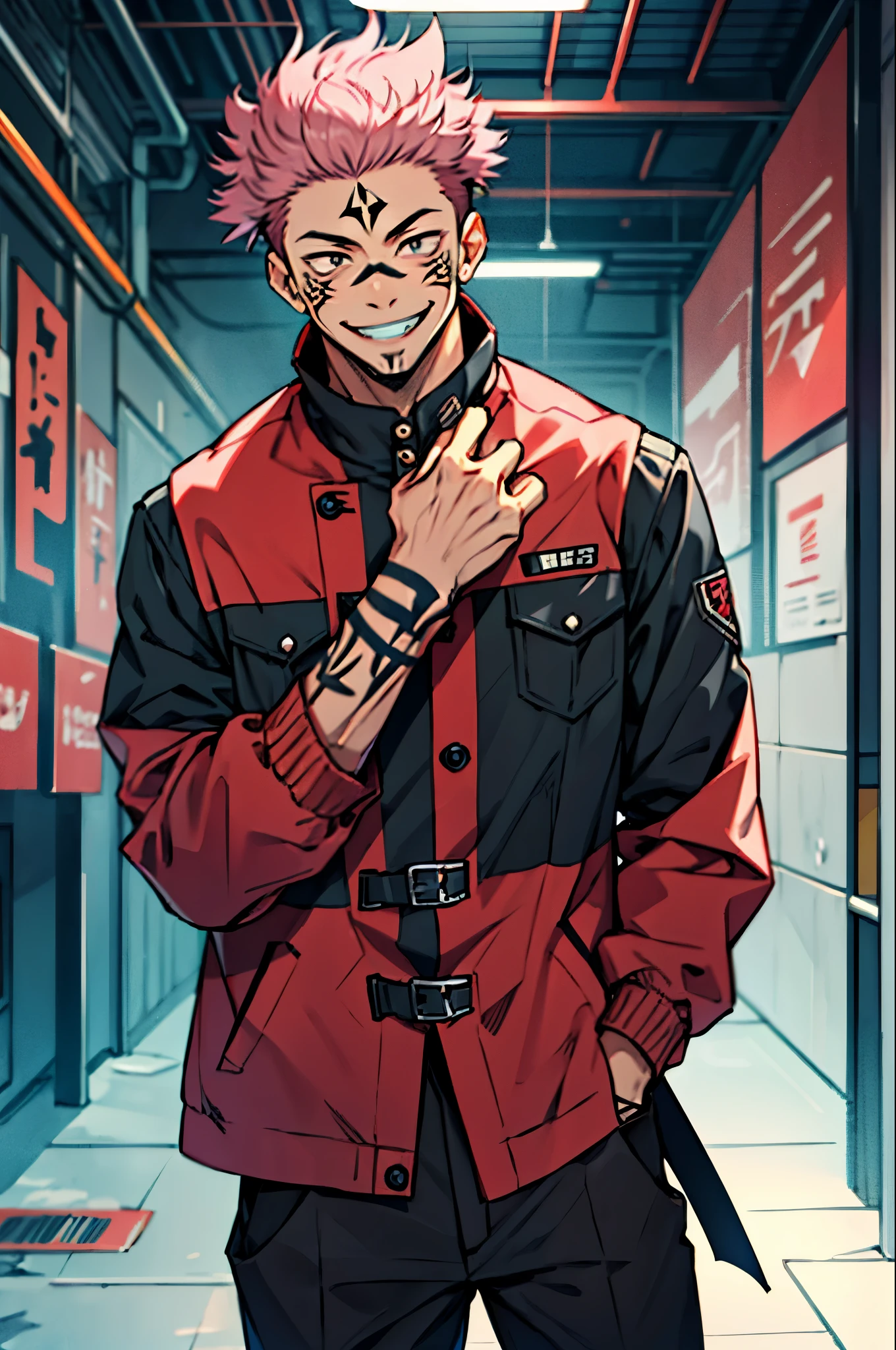 (masterpiece, best quality:1.2), cowboy shot, solo, male focus, 1boy, sukuna, smile, wearing black and red jacket, tattoo_on_his_face, tattoo_ryoumen, hands in a pocket, pink hair,