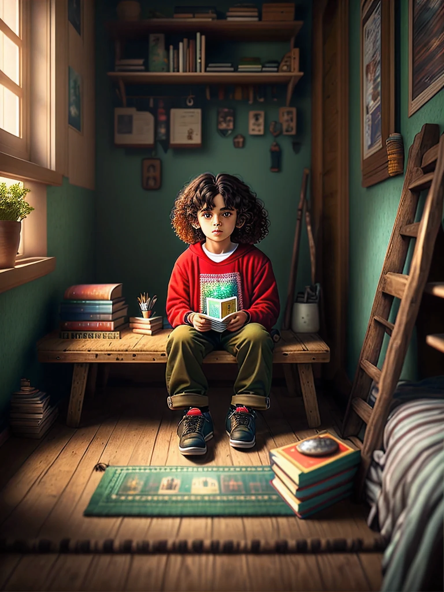 picture of  boy  , art station trend, rural area , hyper realistic detailed rendering, cute boy  , rural style, sitting pose with books , in room on the bed sitting a lady , long Curly hair, rural boy  , good boy ,number plate of Vishal name in the room , slavic traits, 8 1 5