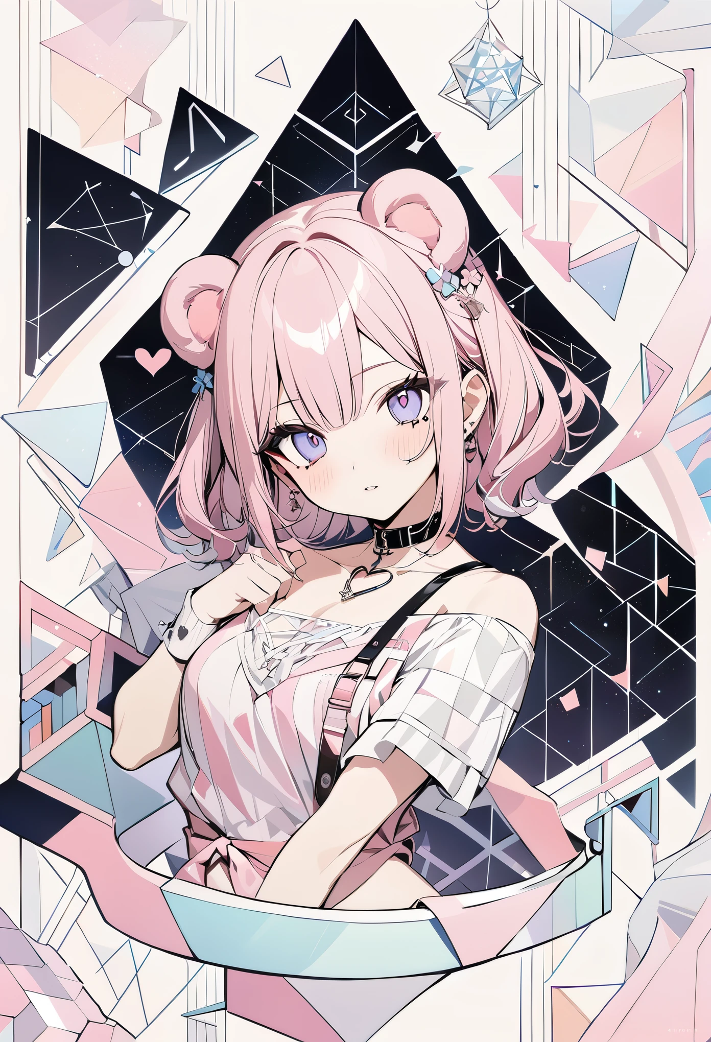 ,beautiful flower々),mole under eye, heart shaped choker, (masterpiece, highest quality), official art, beautiful and aesthetic: 1.2), (1 girl), very detailed, (geometry art: 1.3), colorful、pink bob hair、bear ears、 whole body