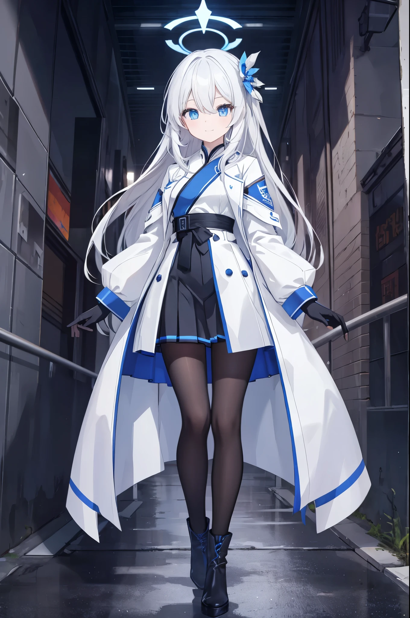 Front view，full body image，stand，a girl，Standing in an alley in the city，slim body，female face，smiling expression，long white hair，blue eyes，There are highlights in the eyes，hands behind back，female hands，white little hands，human finger，wearing black gloves，There is a blue halo on the head，The halo on the head is blue，Polyhedral pattern in halo，Small breasts，Wearing a white coat，wearing white shirt，Wearing a pleated skirt，black pantyhose，Wearing black high boots，masterpiece，Exquisite and delicate的二次元精美画风，Exquisite and delicate，8K high quality，CG wallpaper，HD，solo，tomorrow ark风格，tomorrow ark，Front view，full body image，stand，female hands，white little hands，human finger，hands behind back，black pantyhose，wearing black gloves，可爱的stand姿势，Specific number of fingers