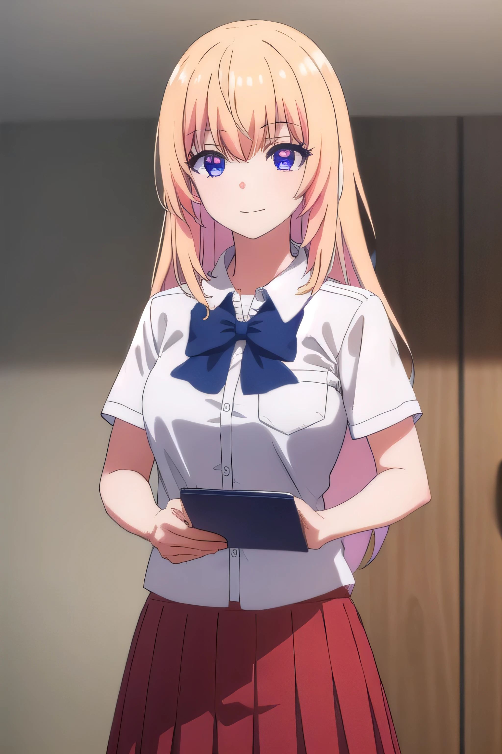 honamiichinose, honami ichinose, long hair, blonde hair, (purple eyes:1.1), hair between eyes, smile,
BREAK skirt, bow, , pleated skirt, bowtie, blue bow, (red skirt:1.2), collared shirt, white shirt, short sleeves,
BREAK indoors, classroom,
BREAK looking at viewer, (cowboy shot:1.5),
BREAK (masterpiece:1.2), best quality, high resolution, unity 8k wallpaper, (illustration:0.8), (beautiful detailed eyes:1.6), extremely detailed face, perfect lighting, extremely detailed CG, (perfect hands, perfect anatomy),