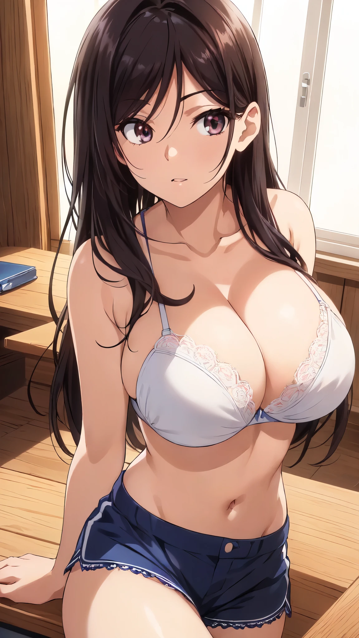 (masterpiece:1.5),anime character,very accurate details,ultra high resolution,Highly detailed CG Unity 8K wallpaper,(realistic,Photoreal,超realistic:1.5),(curve,model,color care:1.5), (茶colorの目:1.4),beautiful breasts,color_aberration,beautiful detailed shadows,beautiful eyes,beautiful body,beautiful skin,beautiful hands,(huge breasts:1.4),(aesthetic anime eyes:1.4), (white bra:1.4,(blue short pants:1.2),(white bra:1.4),(Exquisite fabric,Ren Hao,lace trim bra:1.4),seductive thighs,(black haired,long straight hair:1.4),(sit on the desk:1.4),focus on the chest,Attractive anime girl with big breasts, Attractive anime girl with a flirtatious smile, classroom with windows, captivating anime high school student, (茶colorの目:1.4),緻密でbeautiful eyes, beautiful detailed lips,, curve beauty, magic lighting, in a provocative pose, (white bra:1.4), (茶colorの目:1.4),