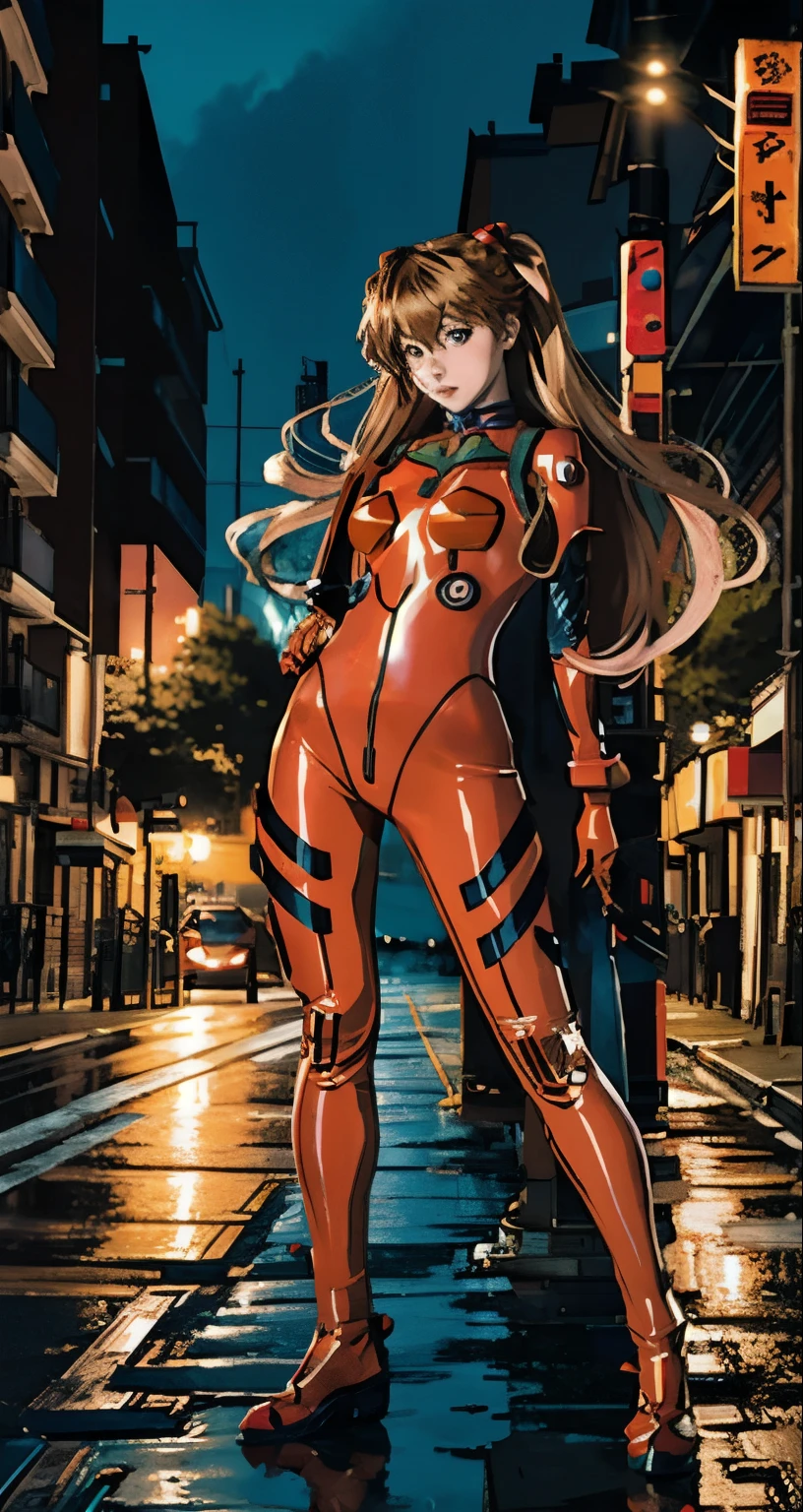 best quality, nsfw, naked, masterpiece, realistic, photorealistic, 1girl, solo, looking at viewer, full body, standing, long hair, asuka cosplay costume, cosplay, plugsuit, bodysuit, hair ornament, detailed background, in street, night, light, rain,