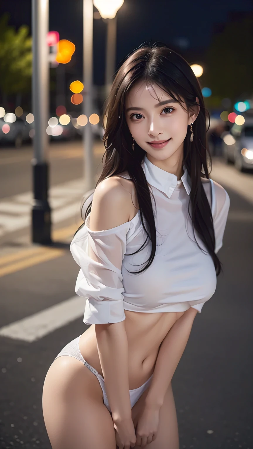 (8 thousand、top quality、masterpiece:1.2)、(realistic、realistic:1.37)、((summer night street background)), very detailed、1 21-year-old woman、cute、solo、(smile:1.15)、(Shut up)、very large breasts、beautiful and delicate eyes、See-through collar shirt draped over shoulders, belly button visible, white top t shirt, ((No Braza)), wearing white T-panties, looking at the camera, dating you, handbag, earring, A woman who wants to have sex, very erotic pose, coming towards you.