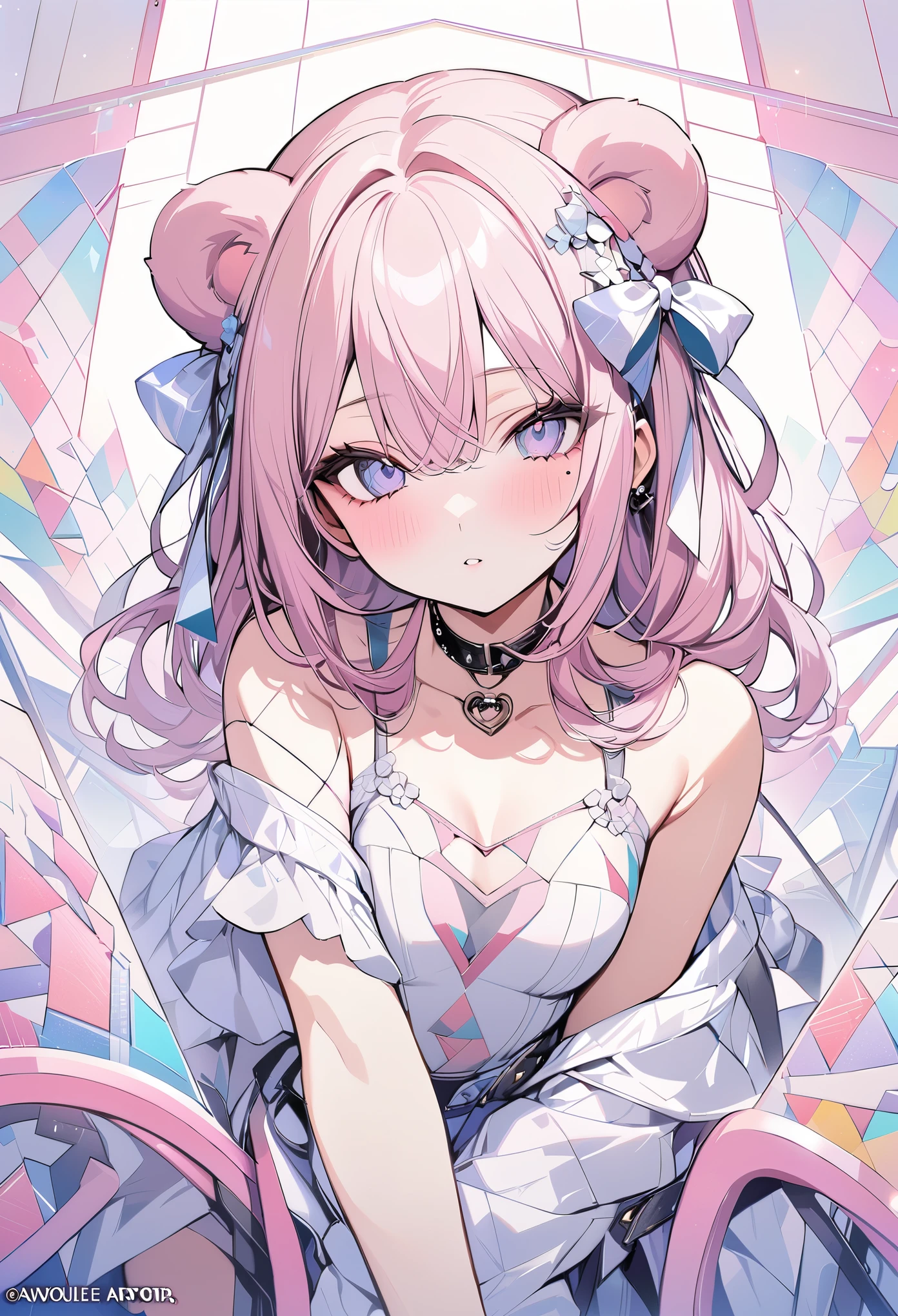 ,beautiful flower々）,mole under eye, heart shaped choker, (masterpiece, highest quality), official art, beautiful and aesthetic: 1.2), (1 girl), very detailed, (geometry art: 1.3), colorful、pink bob hair、bear ears、 whole body