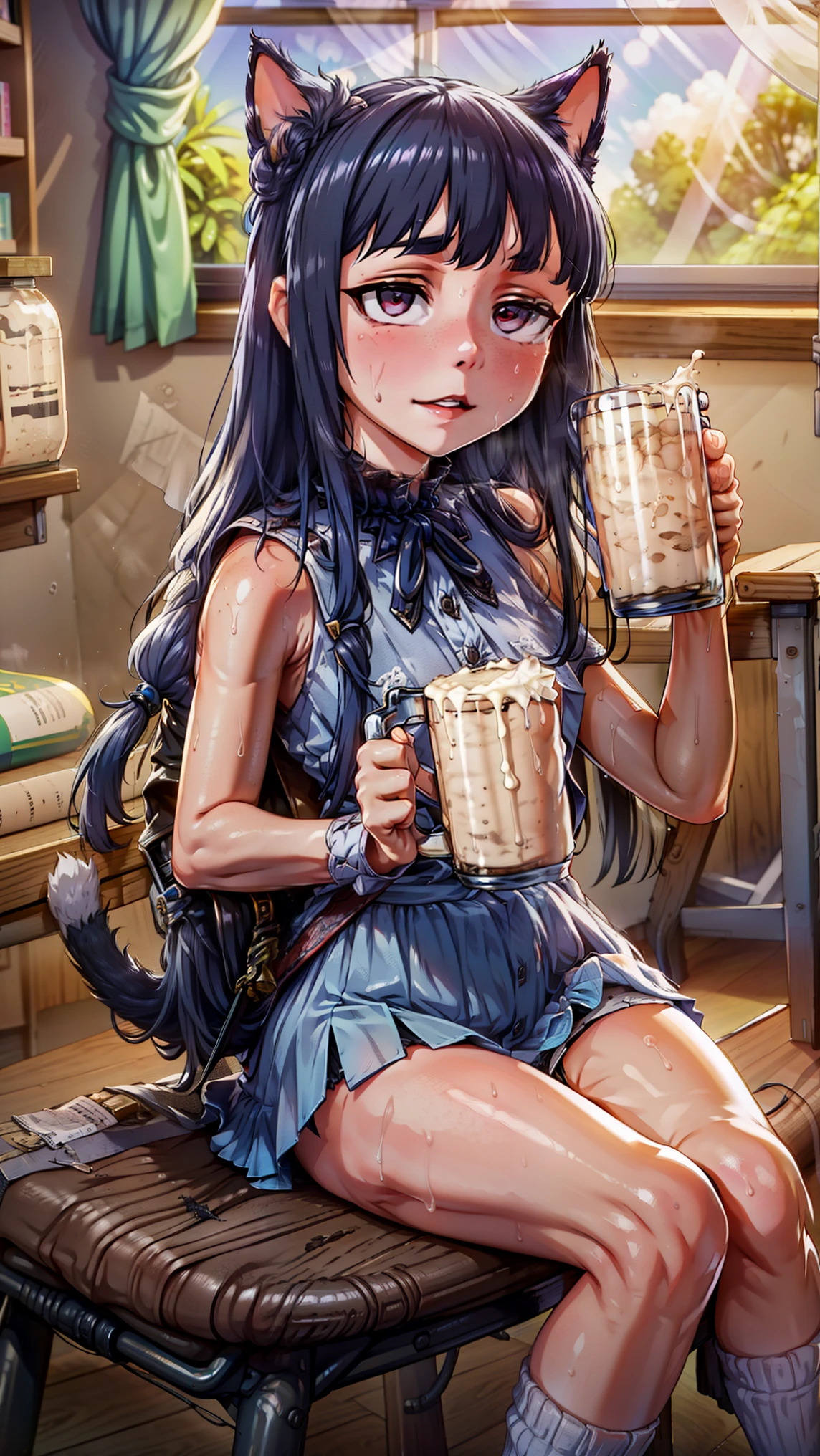 (1 girl), black hair、delicate and thin、Cat ear、flat chest、nipple、transparent clothes、Focus on the entire screen、girls、長いblack hair, big lips, anime, beautiful lips,, ((highest quality)), classroom、soft shading, High resolution, big lips, big lips,x ornament, ornament, duck face, Lip Focus, glossy lips、sweaty、baby doll with frills、Clothes that show through the skin、Red face in heat、blush、Ahegao、童顔のgirls生徒、smile、Two unique Loose socks、Chick sitting、Sit down and show the back of your feet、school bag、shout、Cup cum、Gokkun、cum in container、semen