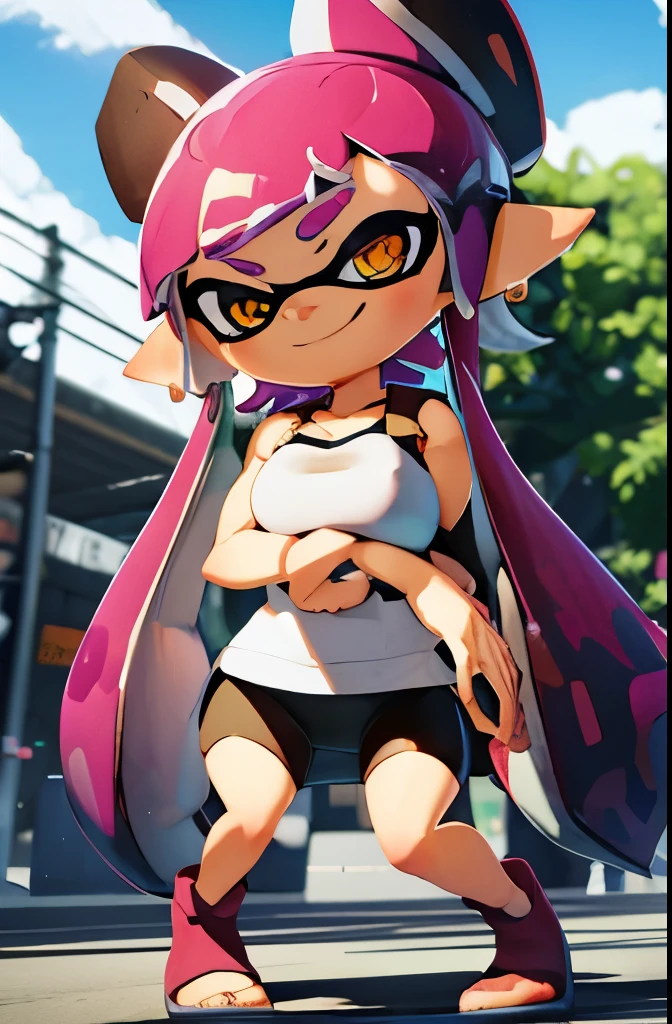 masterpiece、highest quality、High resolution、4k、1 beautiful girl、girl、splatoon inkling, tentacle hair、ink bomb、(((whole body)))、neon blue tentacle hair、ponytail tentacle hair、big ribbon、golden eyes、smile、cheek、Lipstick、super big breasts、cleavage、pointed earicro mini skirt、fashionable、Large accessories、wet body、outdoor、dynamic pose、figure