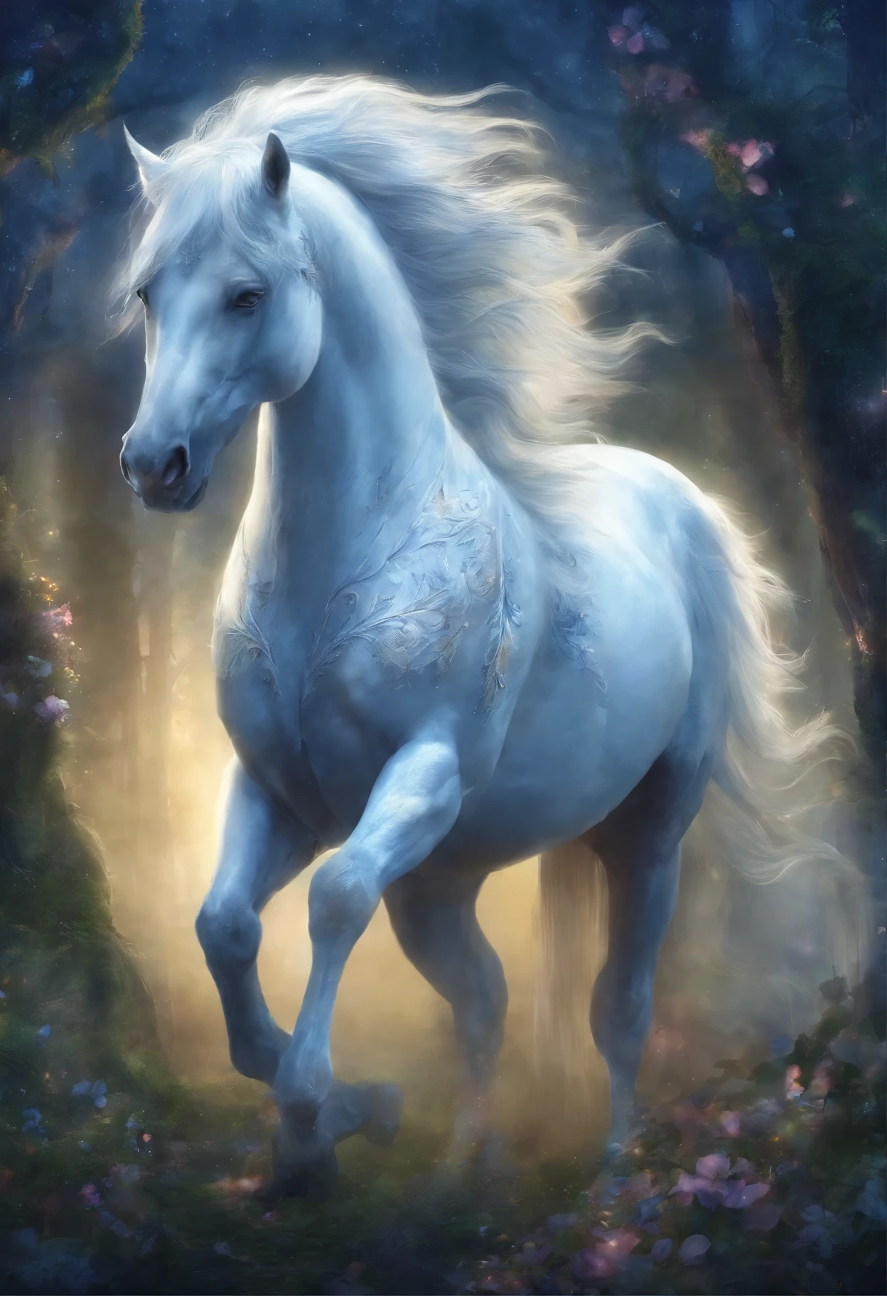 white horse，There is a pair of blue glowing wings on the back，dusk，In a forest clearing, garden，masterpiece, best quality