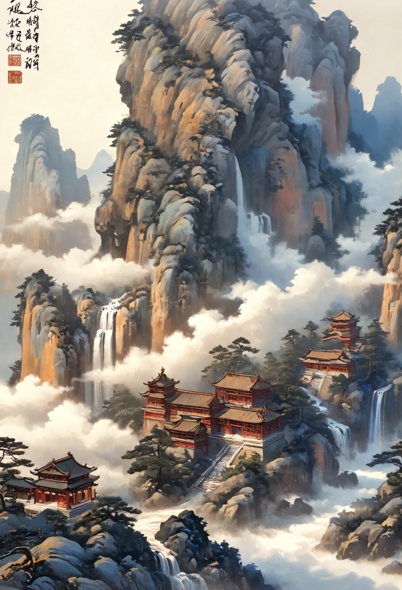 a landscape painting，Meticulous，Inspired by thousands of miles of rivers and mountains，Fuchun Mountain Residence Map，Expression techniques of cirrus clouds，flat illustration，traditional Chinese painting，Chinese landscape painting，Chinese architecture，cloud，vertical waterfall on cliff，Vibrant pine trees，fall，Takayama，Black，Mineral pigments，Ultramarine，Track gold，Clear contours，sketch，Dry Lafa