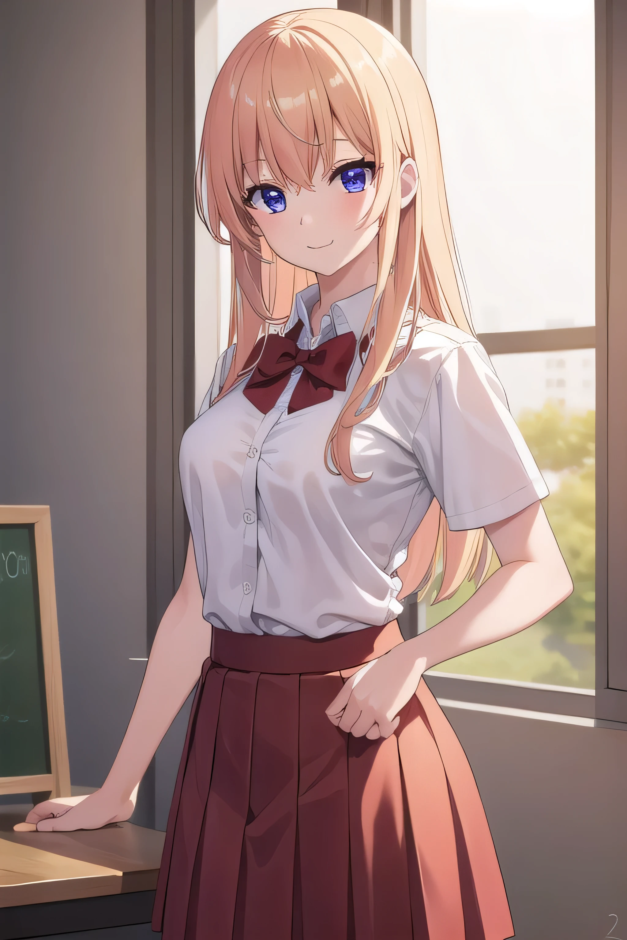 honamiichinose, honami ichinose, long hair, blonde hair, (purple eyes:1.1), hair between eyes, smile, long BREAK skirt, red bow, , pleated skirt, bowtie, red bow, (green skirt:1.2), collared shirt, white shirt, short sleeves, BREAK indoors, classroom, BREAK looking at viewer, (cowboy shot:1.5), BREAK (masterpiece:1.2), best quality, high resolution, unity 8k wallpaper, (illustration:0.8), (beautiful detailed eyes:1.6), extremely detailed face, perfect lighting, extremely detailed CG, (perfect hands, perfect anatomy),