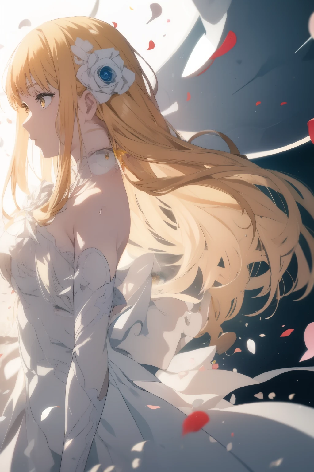 masterpiece, highest quality, 1 girl, (space), spacecraft, (white dress), full pose, side angle, Romance manga, yellow eyes, ash blonde hair, (white background, dynamic), cute, ethereal, (Slow motion), Heart, rose petals, ((wide shot)), climb heavy stairs