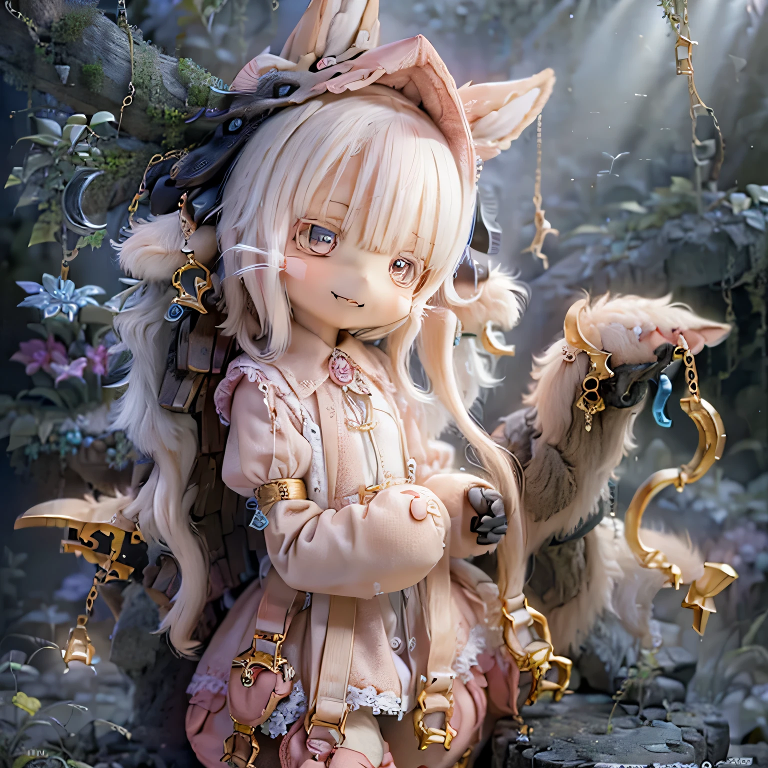 In a garden, a girl with a smile on her face, resembling Nanachi from Made in Abyss. She has beautiful, detailed eyes and lips. The girl is depicted in a (((chibi style,))) . The image quality is of the best quality, with ultra-detailed and realistic features. The artwork medium is a combination of illustrations and photorealistic rendering. The colors are vivid and the lighting creates a warm and cheerful atmosphere casual full body(((((cute pink dress)))))contrapposto