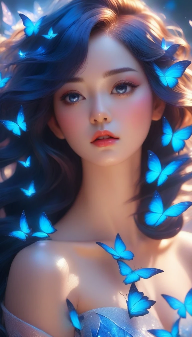 there is a woman with blue butterflies in her hair, inspired by Ross Tran, beautiful digital artwork, by Yang J, ! dream artgerm, extremely detailed artgerm, exquisite digital illustration, alice x. zhang, beautiful digital illustration, neoartcore and charlie bowater, 8k stunning artwork, in the style of ross tran, ross tran 8 k