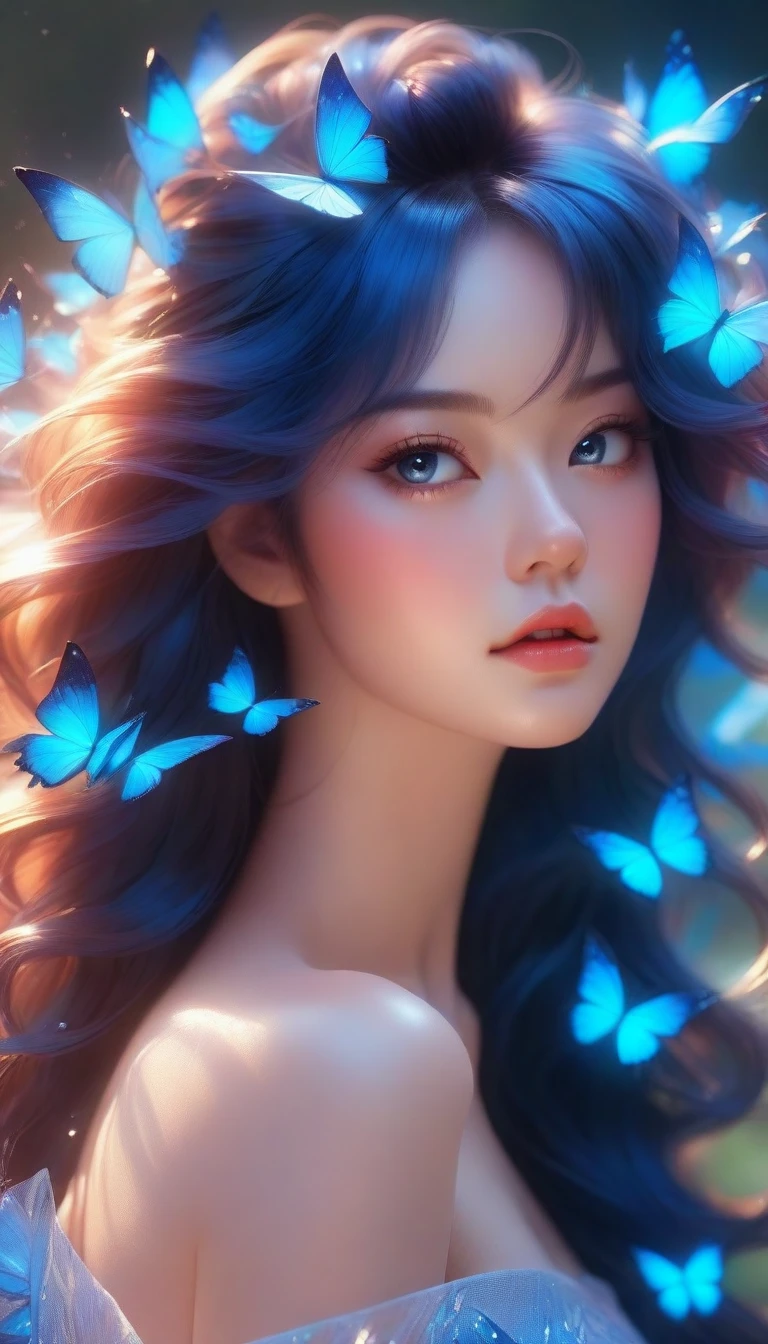 there is a woman with blue butterflies in her hair, inspired by Ross Tran, beautiful digital artwork, by Yang J, ! dream artgerm, extremely detailed artgerm, exquisite digital illustration, alice x. zhang, beautiful digital illustration, neoartcore and charlie bowater, 8k stunning artwork, in the style of ross tran, ross tran 8 k