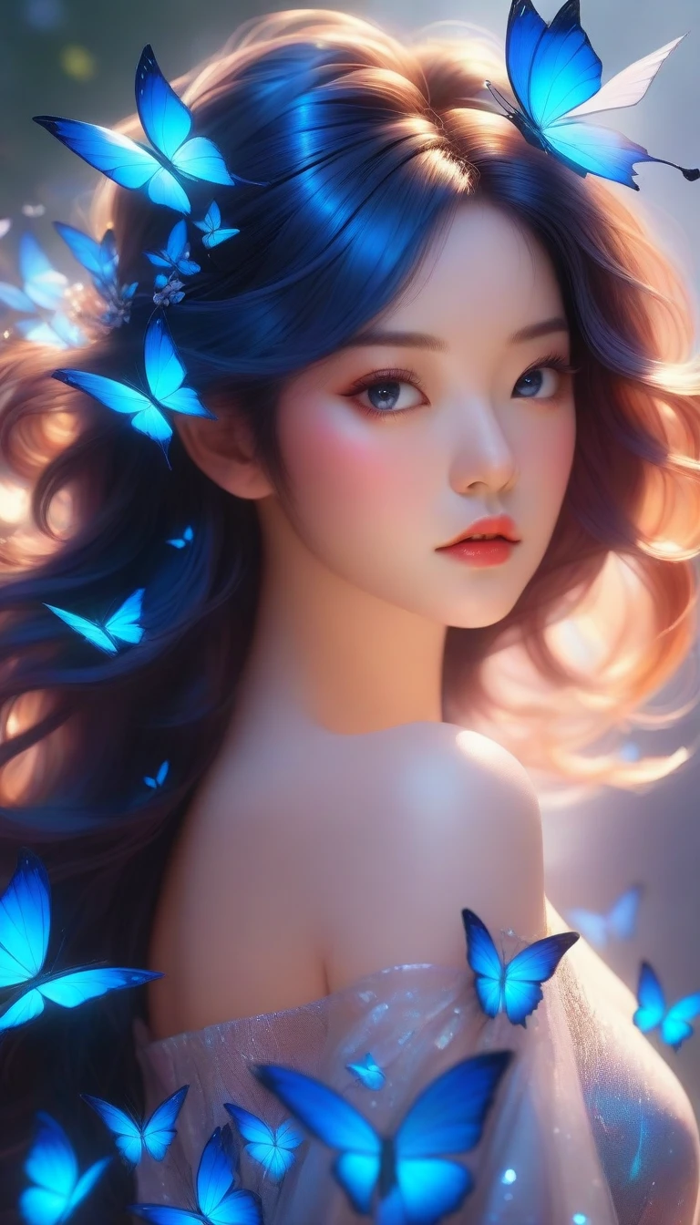 there is a woman with blue butterflies in her hair, inspired by Ross Tran, beautiful digital artwork, by Yang J, ! dream artgerm, extremely detailed artgerm, exquisite digital illustration, alice x. zhang, beautiful digital illustration, neoartcore and charlie bowater, 8k stunning artwork, in the style of ross tran, ross tran 8 k