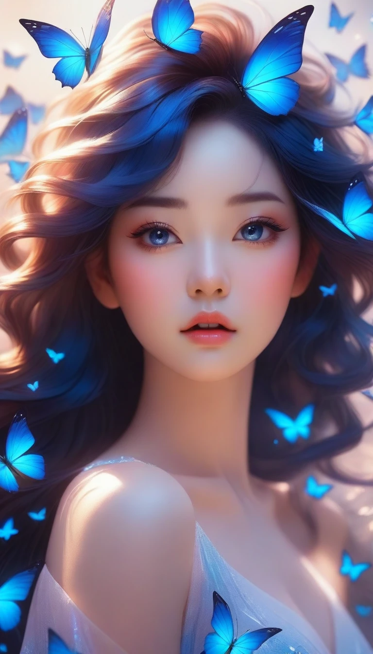 there is a woman with blue butterflies in her hair, inspired by Ross Tran, beautiful digital artwork, by Yang J, ! dream artgerm, extremely detailed artgerm, exquisite digital illustration, alice x. zhang, beautiful digital illustration, neoartcore and charlie bowater, 8k stunning artwork, in the style of ross tran, ross tran 8 k