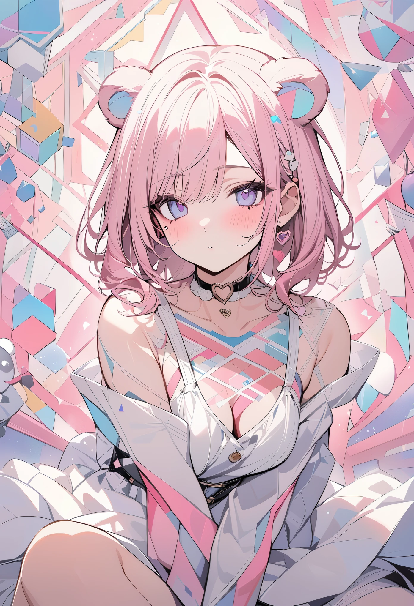 ,beautiful flower々）,mole under eye, heart shaped choker, (masterpiece, highest quality), official art, beautiful and aesthetic: 1.2), (1 girl), very detailed, (geometry art: 1.3), colorful、pink bob hair、bear ears、 whole body