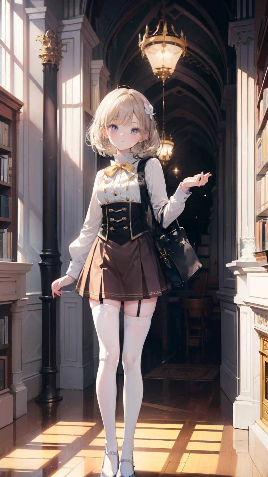 expensiveest quality, full body portrait, delicate face, cute face, 17 year old female, slim body shape, small bust, expensive ,double skirt suit, (((white knee expensive stockings))),Soft light on the face,In the majestic library hall