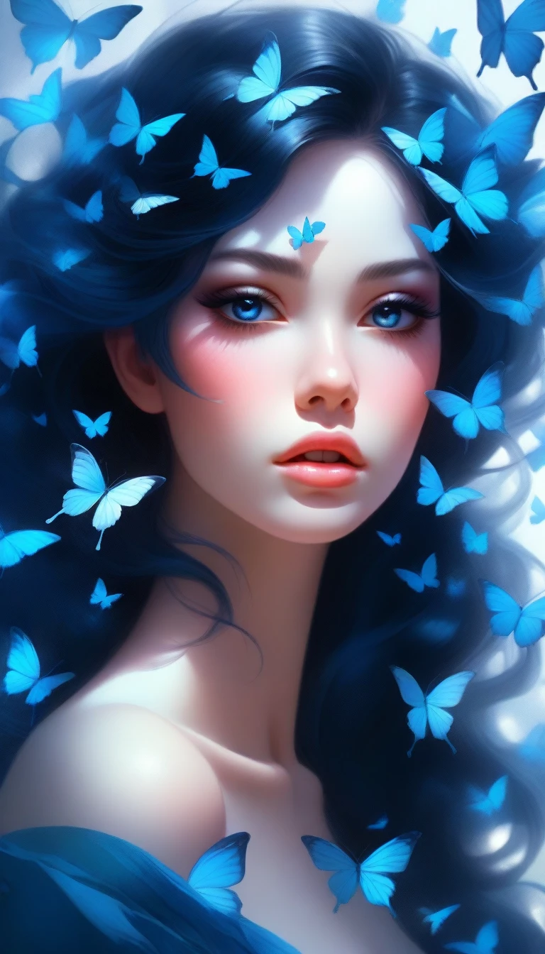 there is a woman with blue butterflies in her hair, inspired by Ross Tran, beautiful digital artwork, by Yang J, ! dream artgerm, extremely detailed artgerm, exquisite digital illustration, alice x. zhang, beautiful digital illustration, neoartcore and charlie bowater, 8k stunning artwork, in the style of ross tran, ross tran 8 k