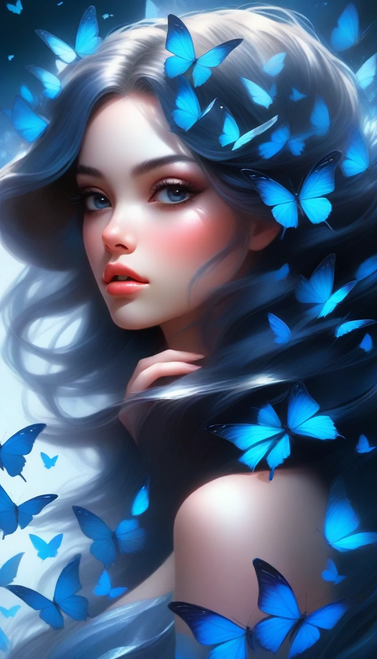 there is a woman with blue butterflies in her hair, inspired by Ross Tran, beautiful digital artwork, by Yang J, ! dream artgerm, extremely detailed artgerm, exquisite digital illustration, alice x. zhang, beautiful digital illustration, neoartcore and charlie bowater, 8k stunning artwork, in the style of ross tran, ross tran 8 k