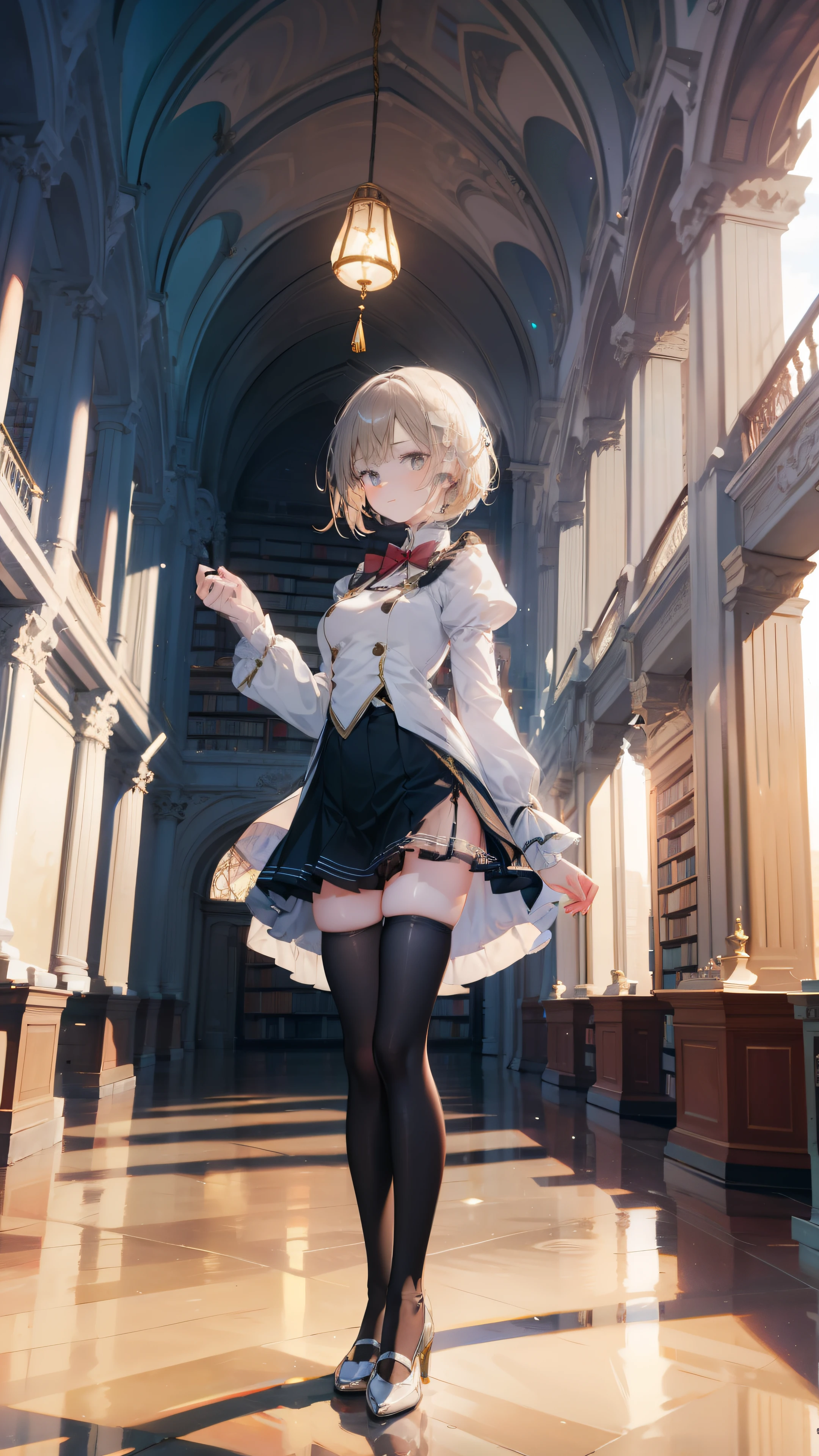 expensiveest quality, full body portrait, delicate face, cute face, 17 year old female, slim body shape, small bust, expensive ,double skirt suit, (((white knee expensive stockings))),Soft light on the face,In the majestic library hall