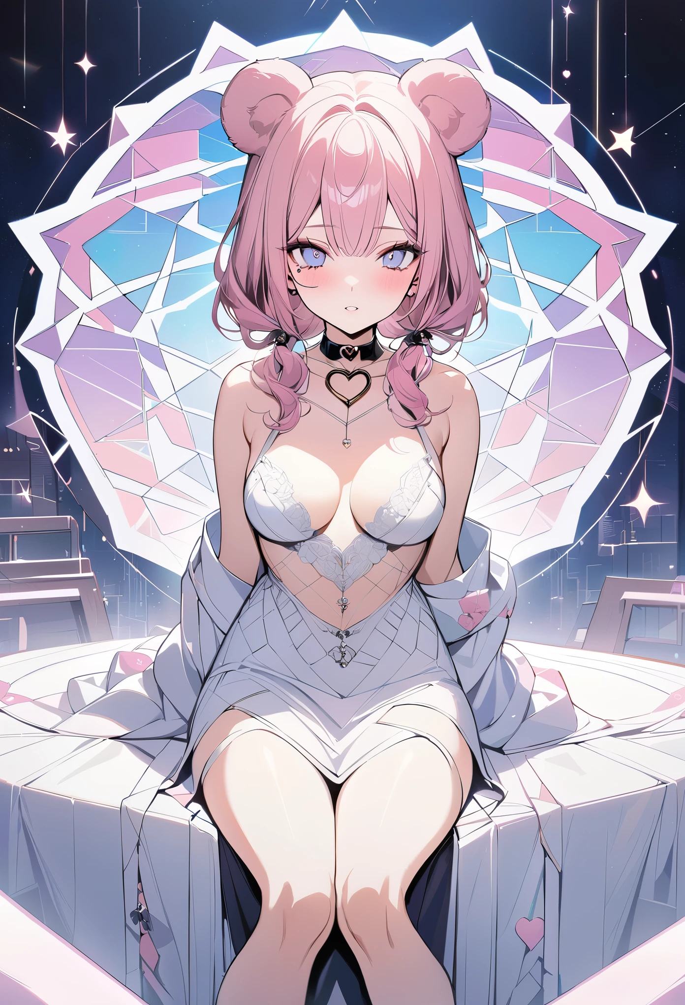 ,beautiful flower々),mole under eye, heart shaped choker, (masterpiece, highest quality), official art, beautiful and aesthetic: 1.2), (1 girl), very detailed, (geometry art: 1.3), colorful、pink bob hair、bear ears、 whole body