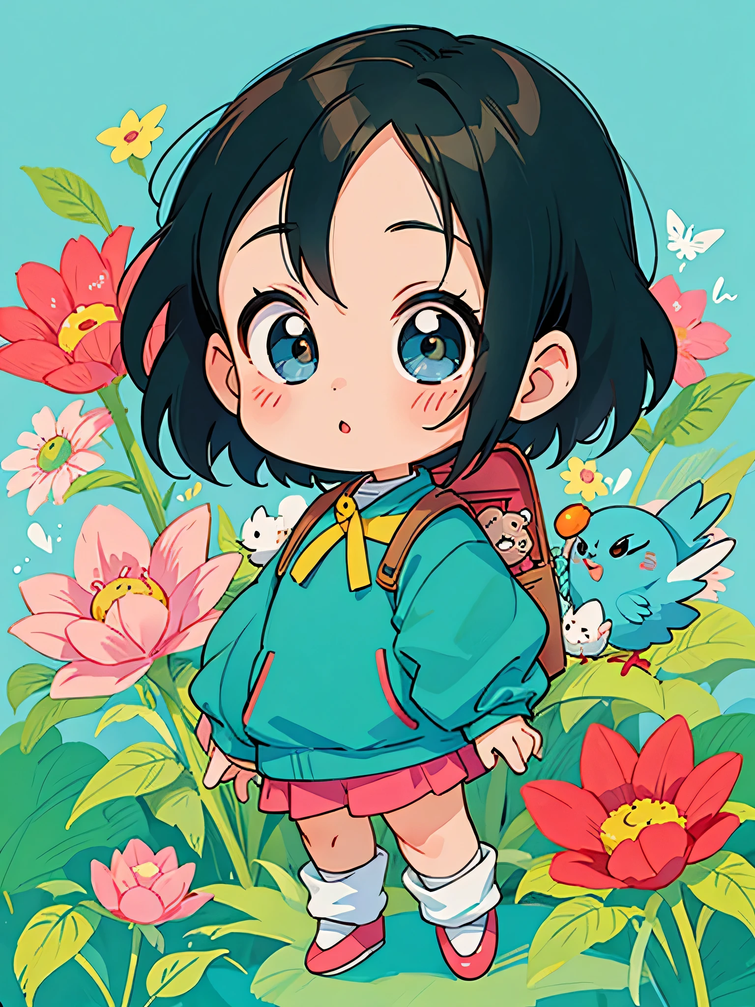 akira toriyama style, Kawaii Design, most beautiful girl ever、Chibi, birdie、colorful flowers