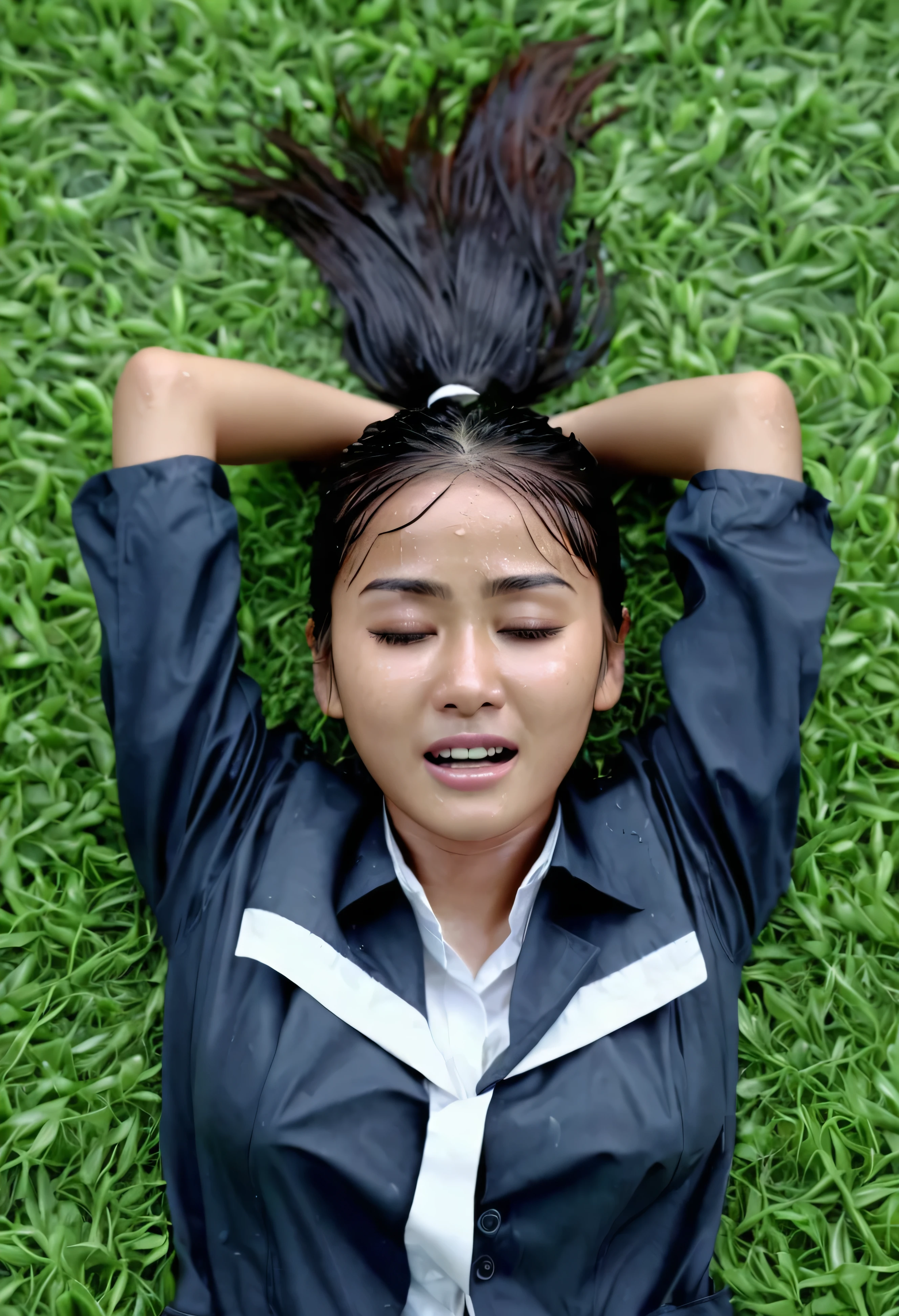 a 25 year indonesian girl wearing a school uniforms, hair tied up, raising both hands up, close her eyes, lying on his back on the grass, her face holding very pain, heavy rain hyper realistic, ultraHD,water on face, macro photografi, hyper detail, full shot, front angle