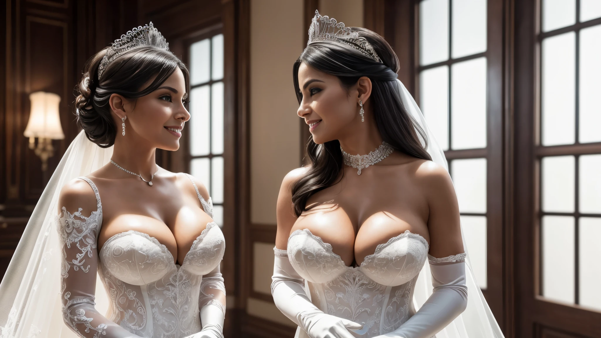 Isabela Merced in a vail in a black leather wedding dress with black gloves getting married to a isabela merced in a white wedding dress, tiara, (big breasts:1.5), sexy stockings, (pumps with high heels), smiling, (kissing:1.2), Real Life, full bodyshot, Ultra Realistic, Photorealism, Photography, 8K UHD, Photo, HDR, Complex and Elegant, Highly Detailed, Sharp Focus, Stunning, Beautiful, Gorgeous), (Masterpiece: 1.2, Best Quality 1:1, Ultra Detail: 1.2, Best Shadows, 8k: 1.1), (beautiful detailed face), high contrast, (perfect lighting: 1.2), (cinematic light)), colorful, hyper-detail, dramatic light, intricate detail, photograph by arny freytag