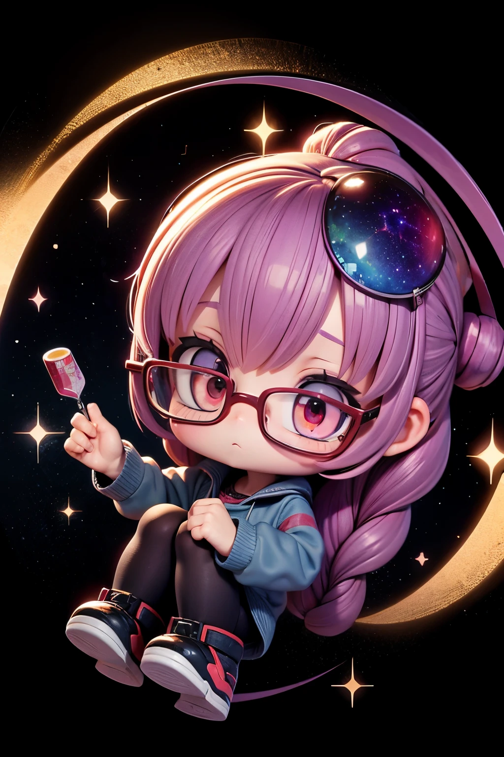 Chibi girl teaching cosmology、red glasses、Galaxy painting on background