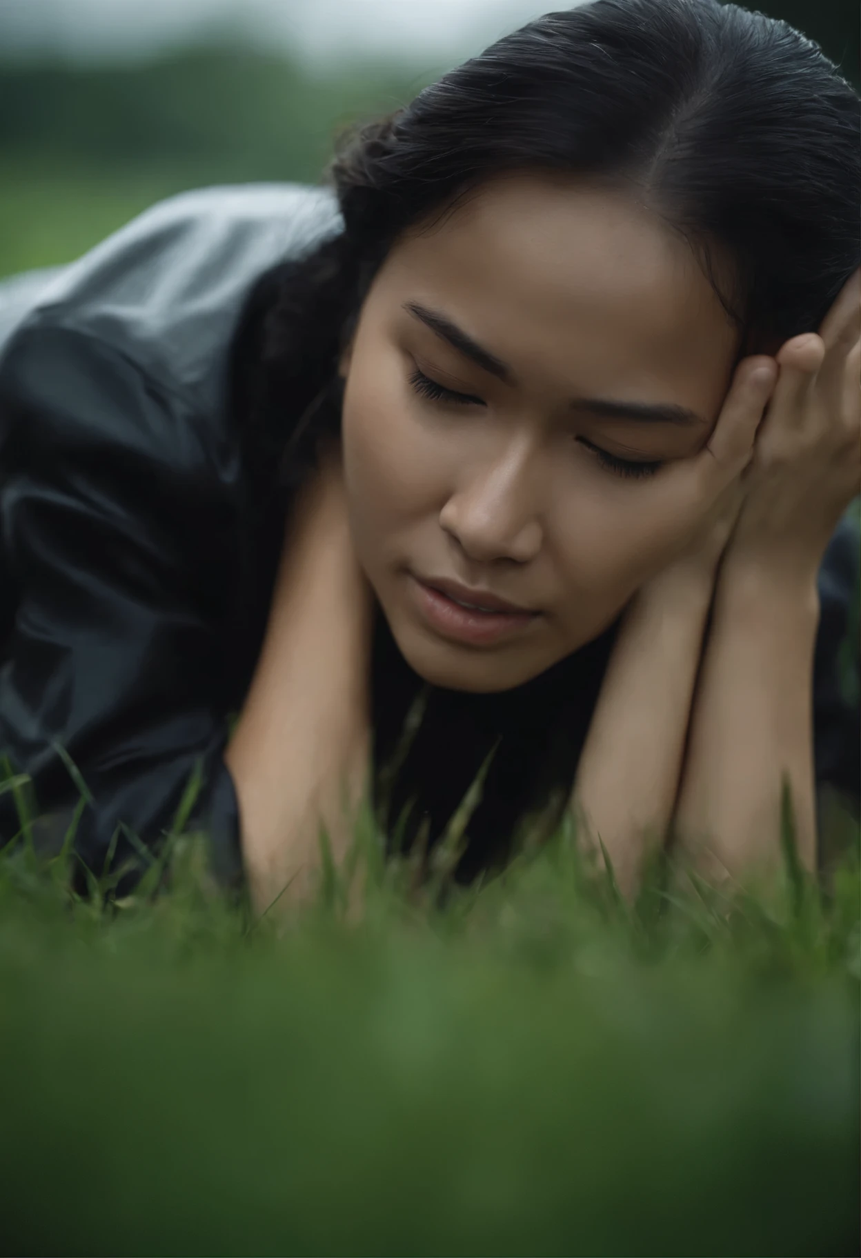 a 25 year indonesian girl wearing a school uniforms, hair tied up, raising both hands up, close her eyes, lying on his back on the grass, her face holding very pain, heavy rain hyper realistic, ultraHD,water on face, macro photografi, hyper detail, full shot, front angle