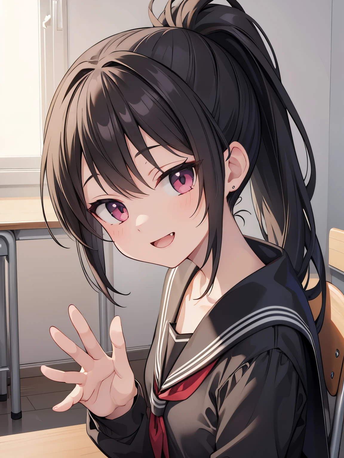masterpiece, best quality, extremely detailed, anime, Girl, black hair, ponytail, pretty vampire teeth, , school desk, girl sitting on a chair and waving at me,smile